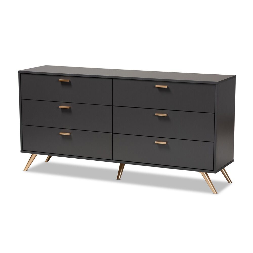 Dark Grey and Gold Finished 6-Drawer Dresser