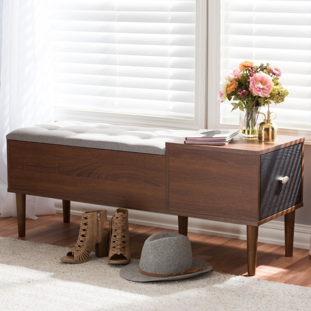 Mid-century 1-Drawer Shoe Storage Bench