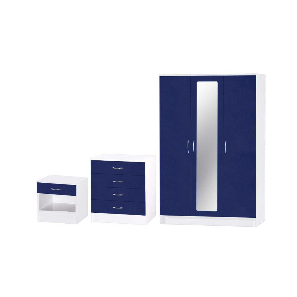 Mirrored Door 3-Piece Wardrobe Set in Blue