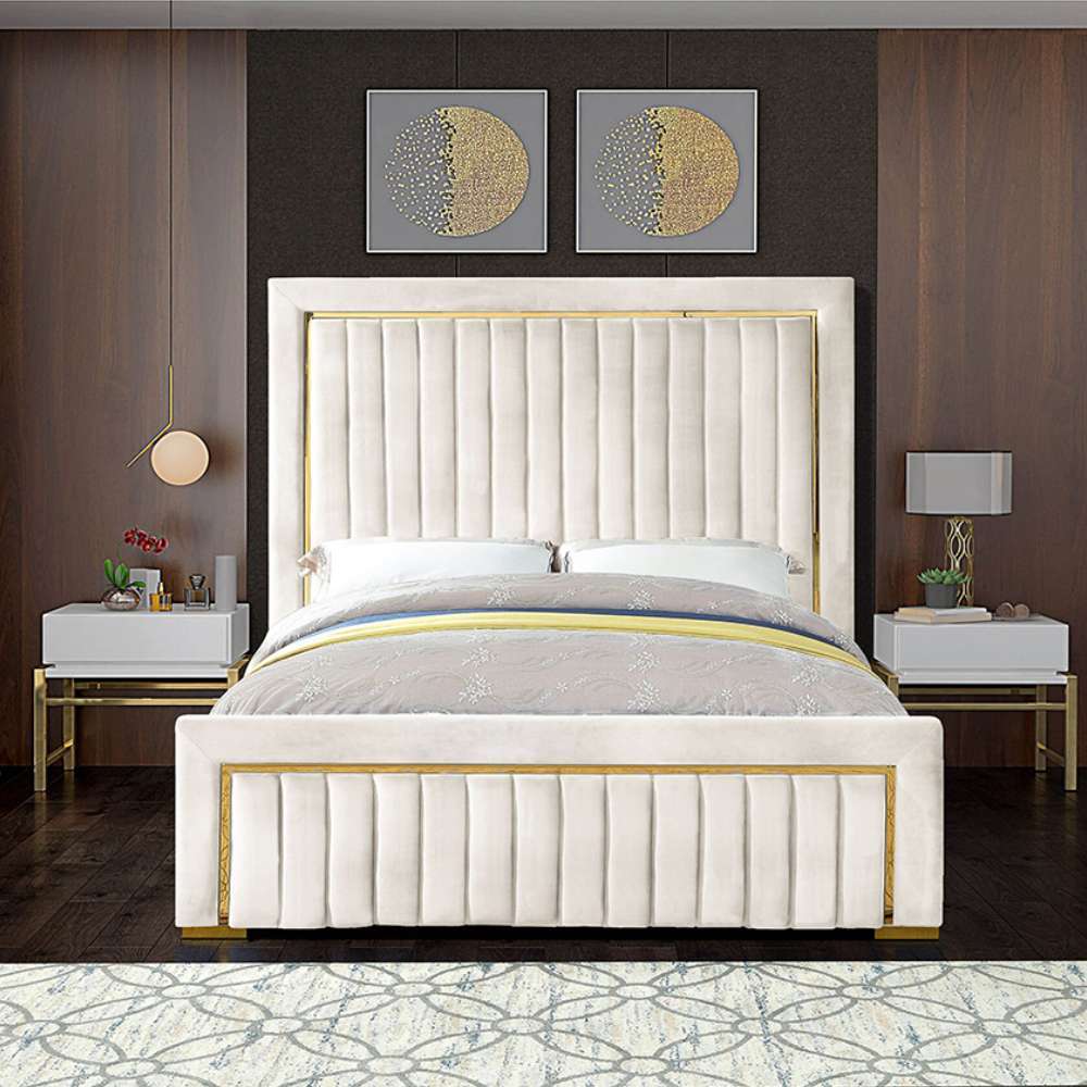 Gold trim high headboard velvet upholstery king bed