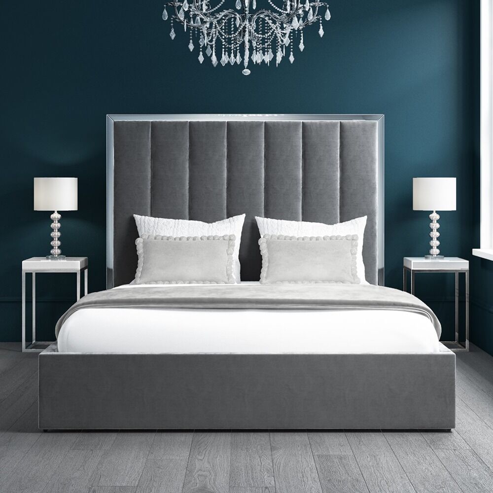 Grey Velvet Double Ottoman Bed with Tall Headboard