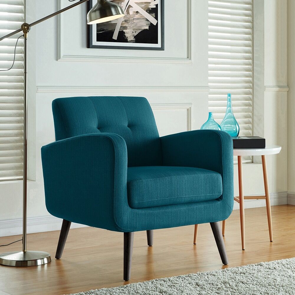 Mid-century Peacock Blue Linen Arm Chair