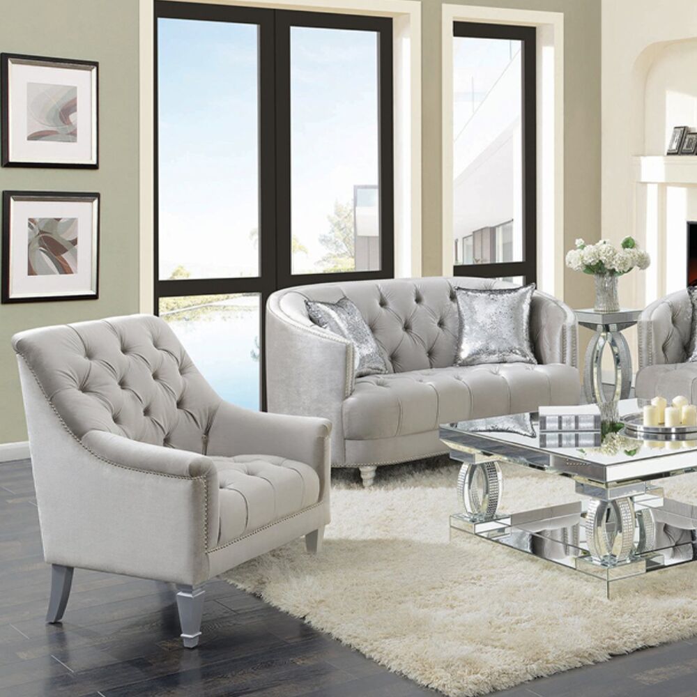 Traditional gray fabric tufted curved back sofa