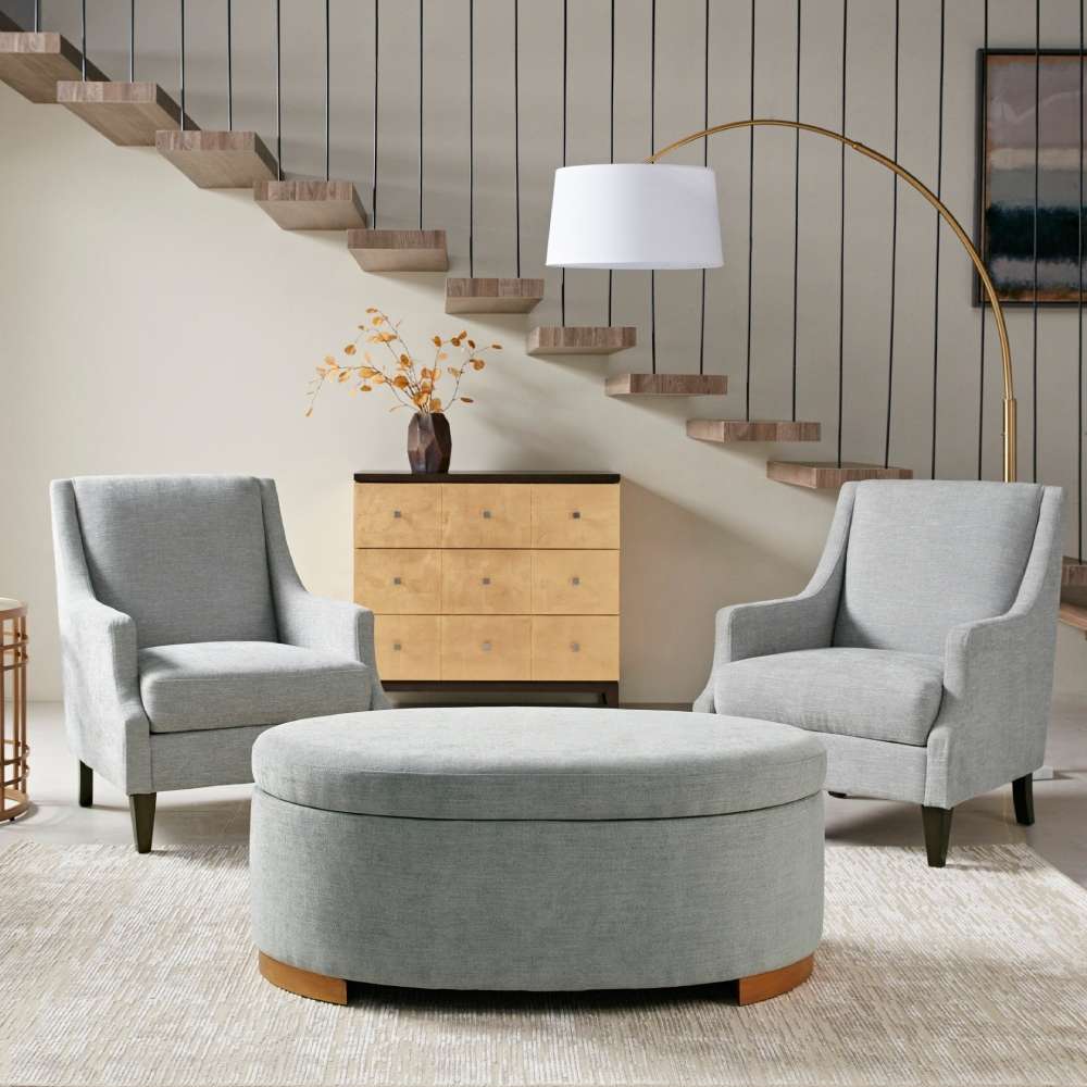 Oval Shape Grey Storage Ottoman